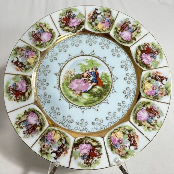VTG Love Story Plate 10 5/7 Crown Backstamp "Courting Couples" Gold Detail - Picture 1 of 6